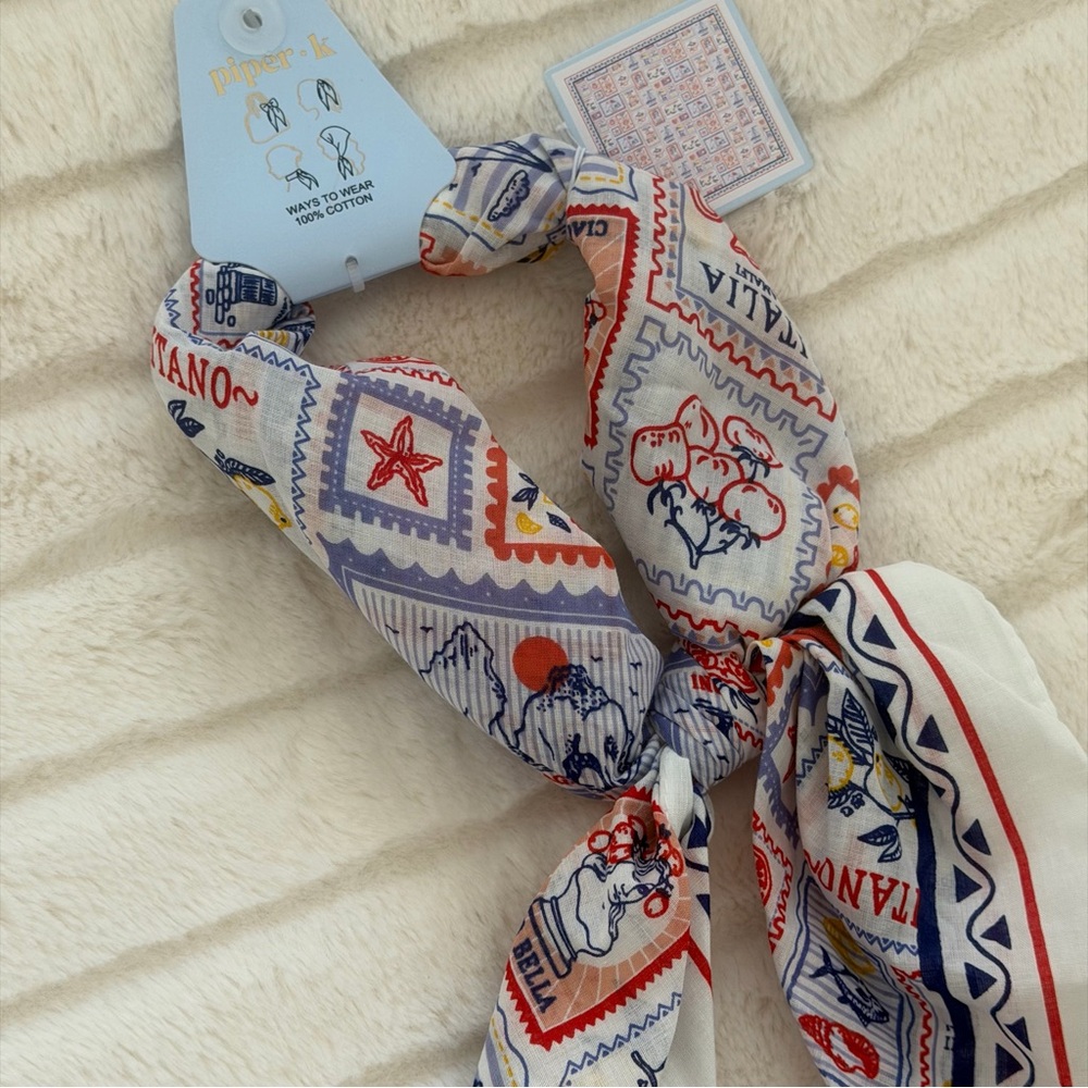 Piper K Nautical Scarf Bandana Cotton Italian Postcard Stamps Euro Coastal Prep